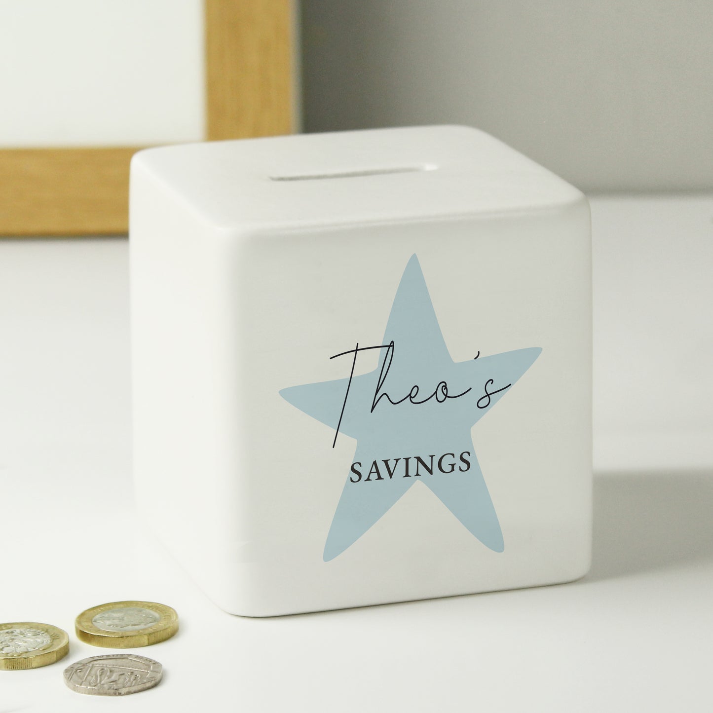 Personalised Blue Star Ceramic Square Money Box - MK&JD Gifts