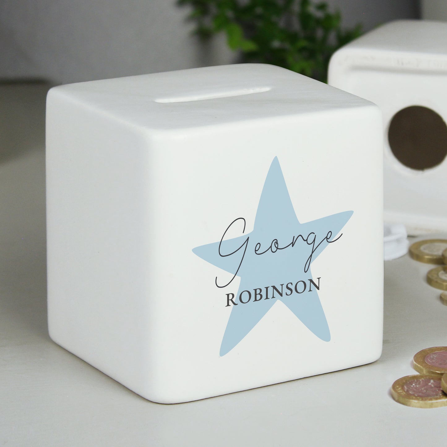 Personalised Blue Star Ceramic Square Money Box - MK&JD Gifts
