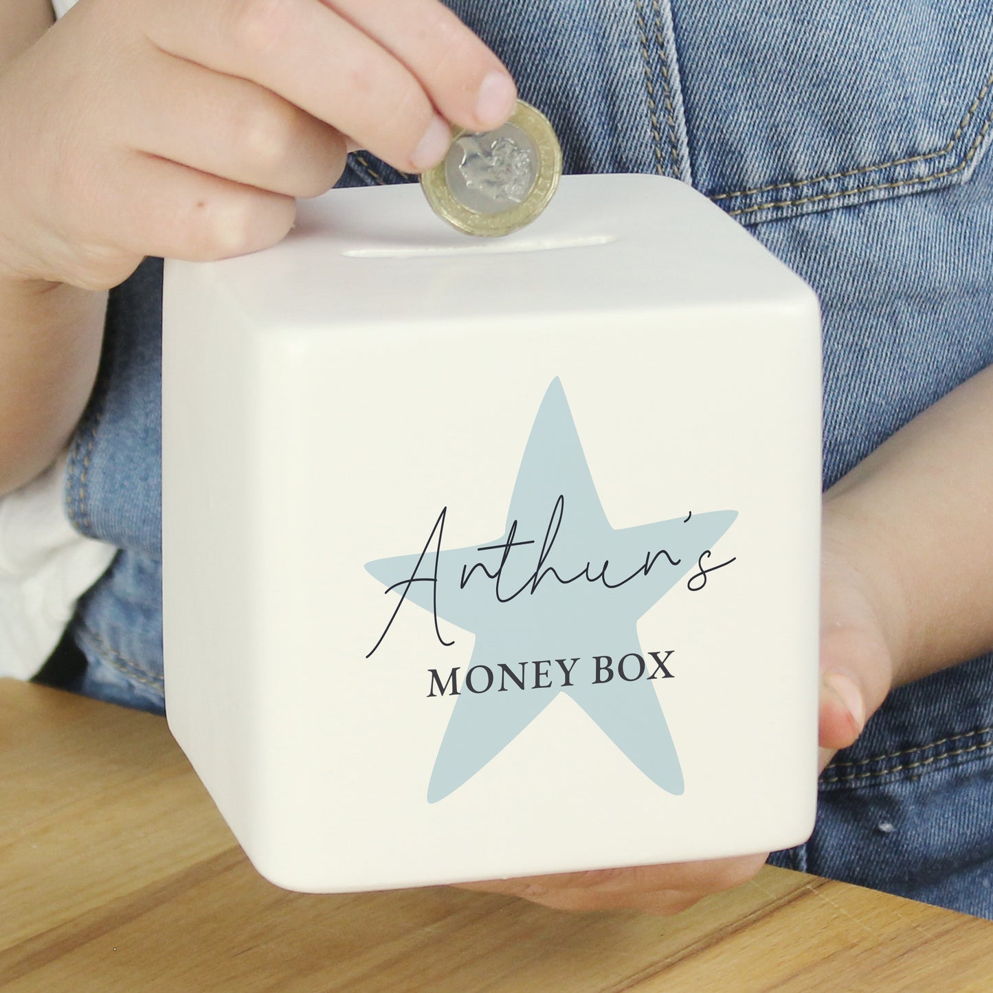 Personalised Blue Star Ceramic Square Money Box - MK&JD Gifts