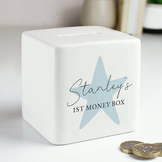 Personalised Blue Star Ceramic Square Money Box - MK&JD Gifts