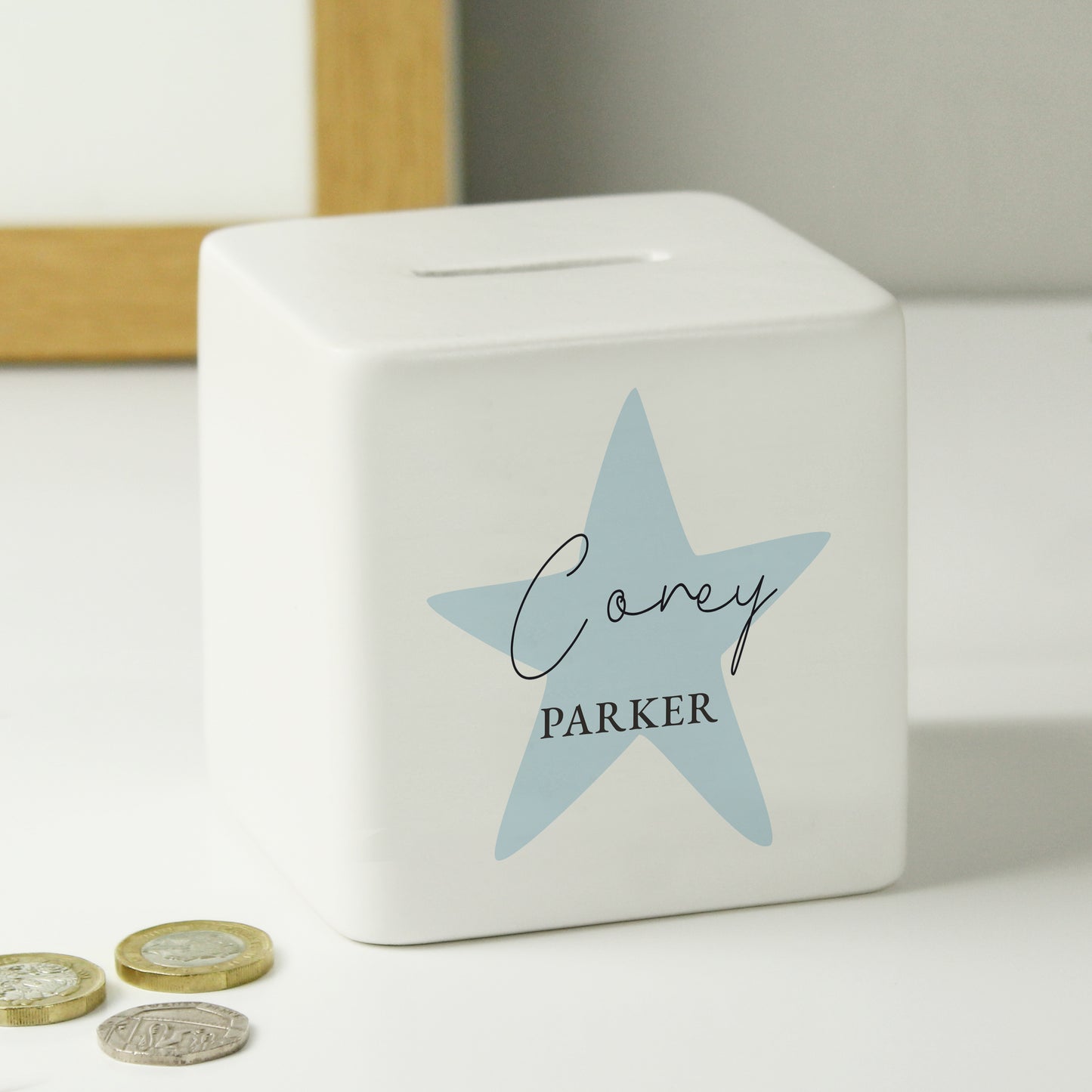 Personalised Blue Star Ceramic Square Money Box - MK&JD Gifts