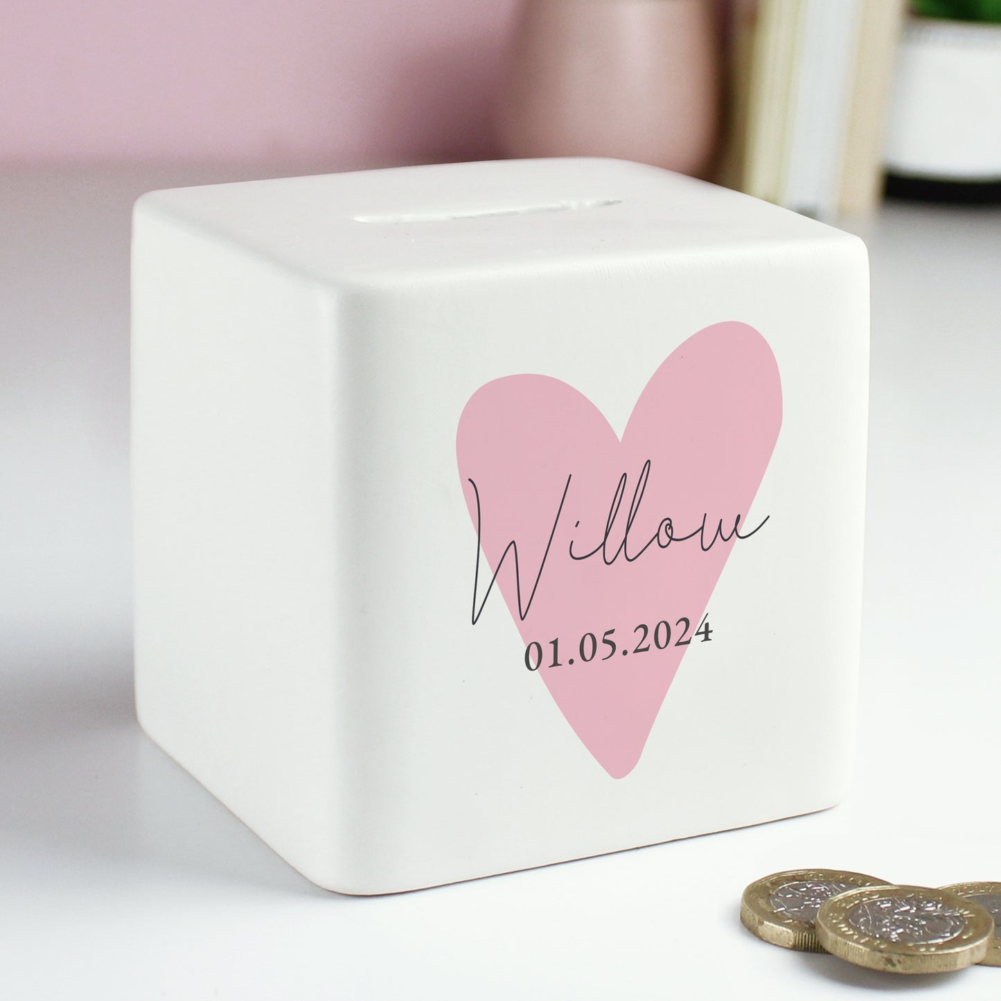 Personalised Pink Heart Ceramic Square Money Box - MK&JD Gifts