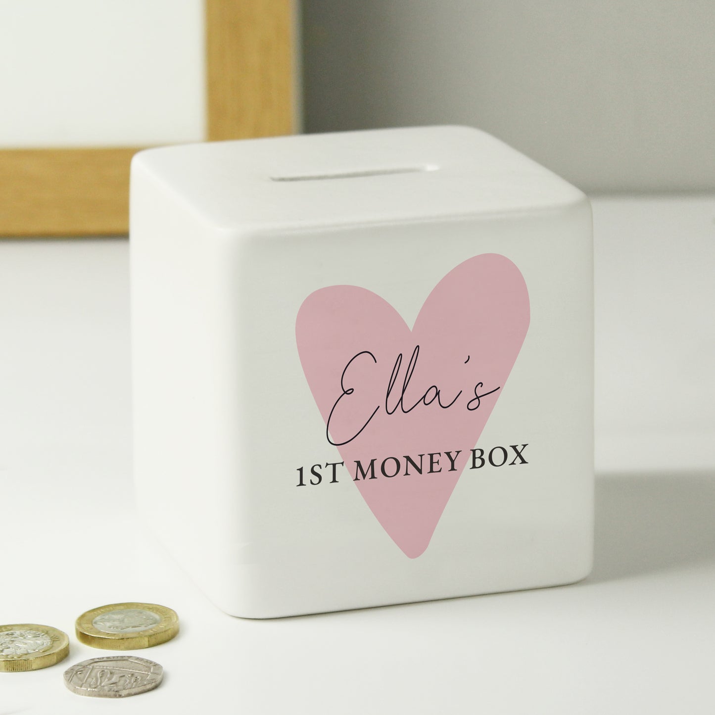 Personalised Pink Heart Ceramic Square Money Box - MK&JD Gifts