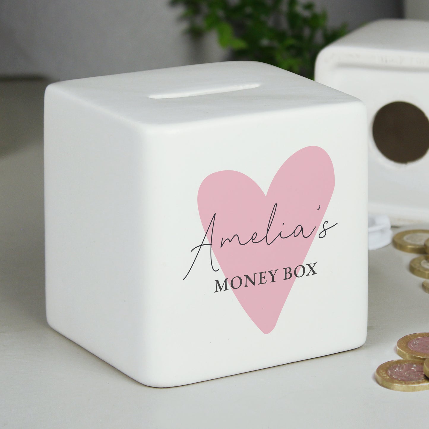 Personalised Pink Heart Ceramic Square Money Box - MK&JD Gifts