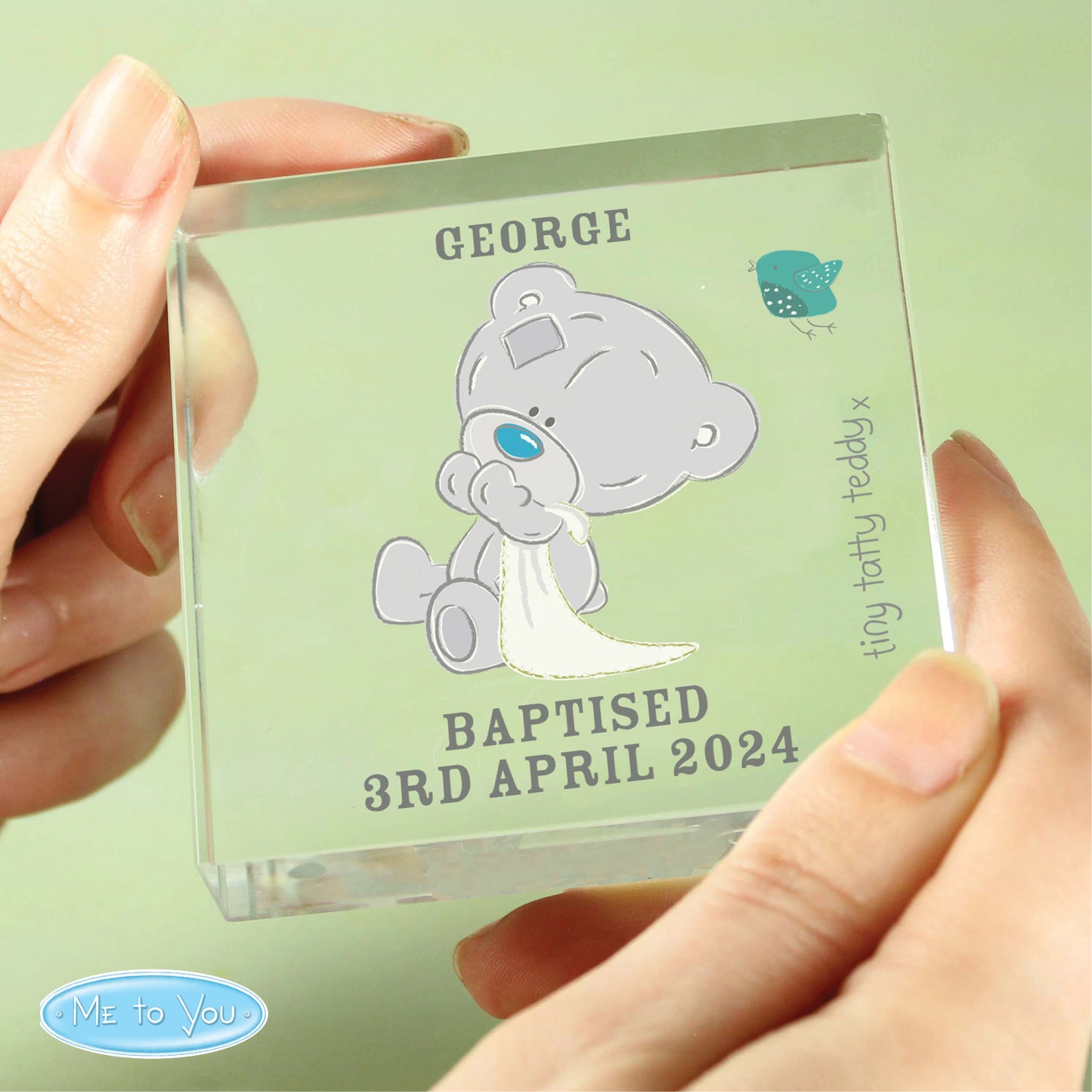 Personalised Tiny Tatty Teddy Christening Crystal Token - MK&JD Gifts