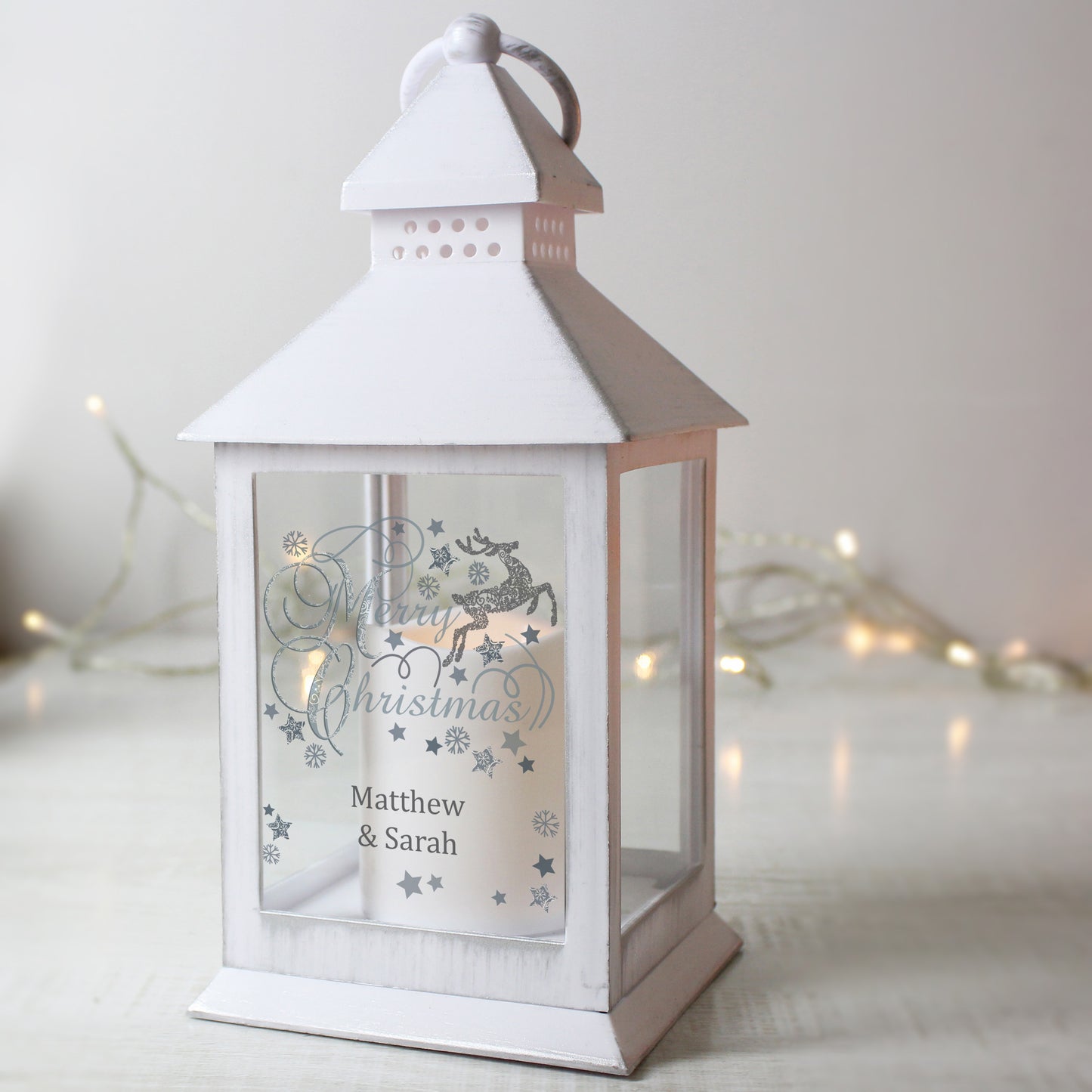 Personalised Silver Reindeer White Lantern - MK&JD Gifts