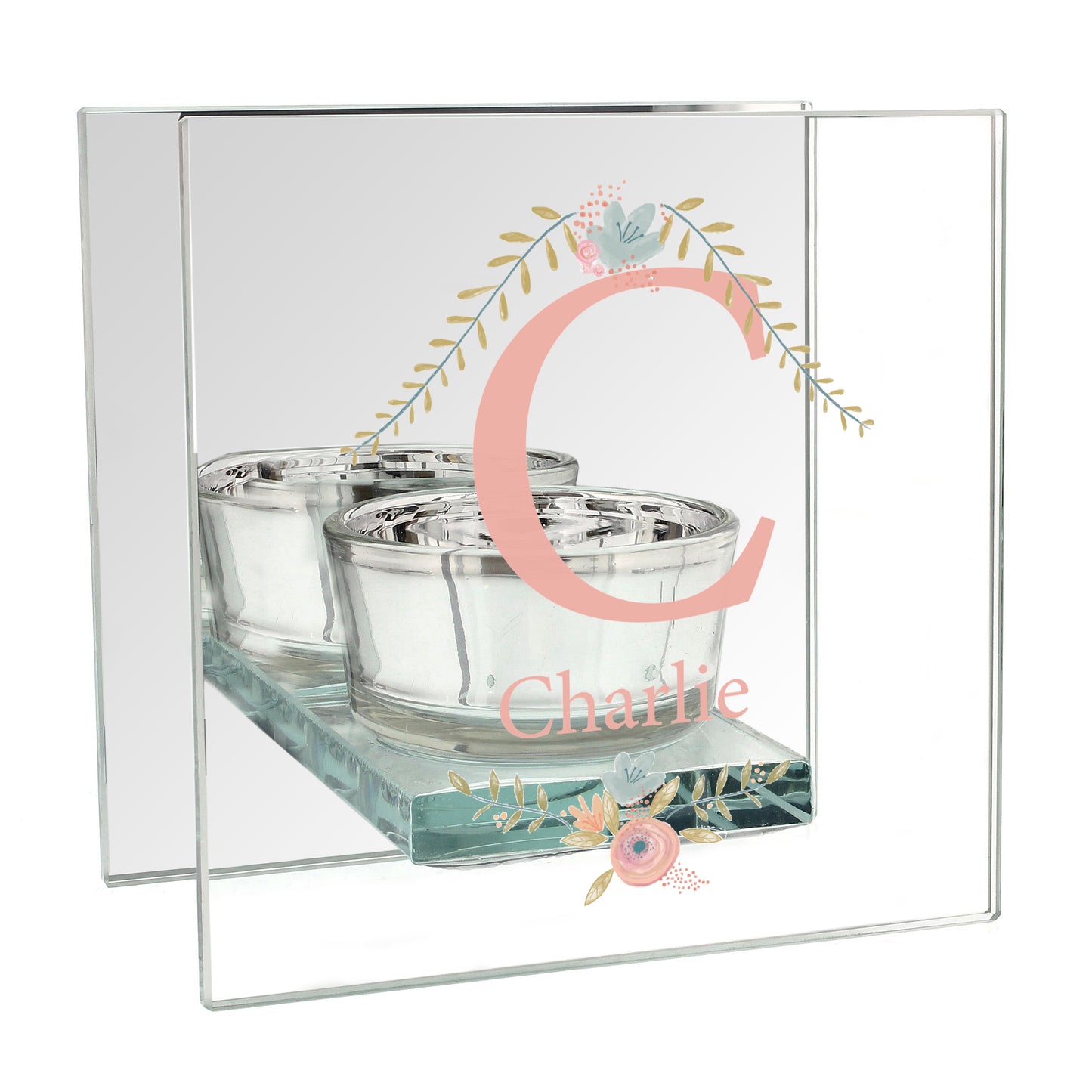 Personalised Floral Bouquet Mirrored Glass Tea Light Candle Holder - MK&JD Gifts