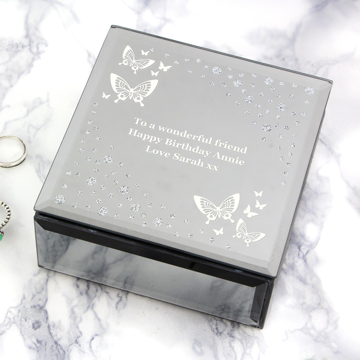 Personalised White Butterfly Diamante Glass Trinket Box - MK&JD Gifts