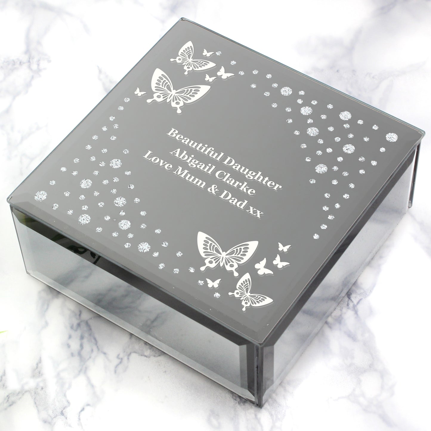 Personalised White Butterfly Diamante Glass Trinket Box - MK&JD Gifts