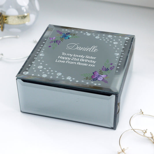 Personalised Floral Butterfly Diamante Glass Trinket Box - MK&JD Gifts