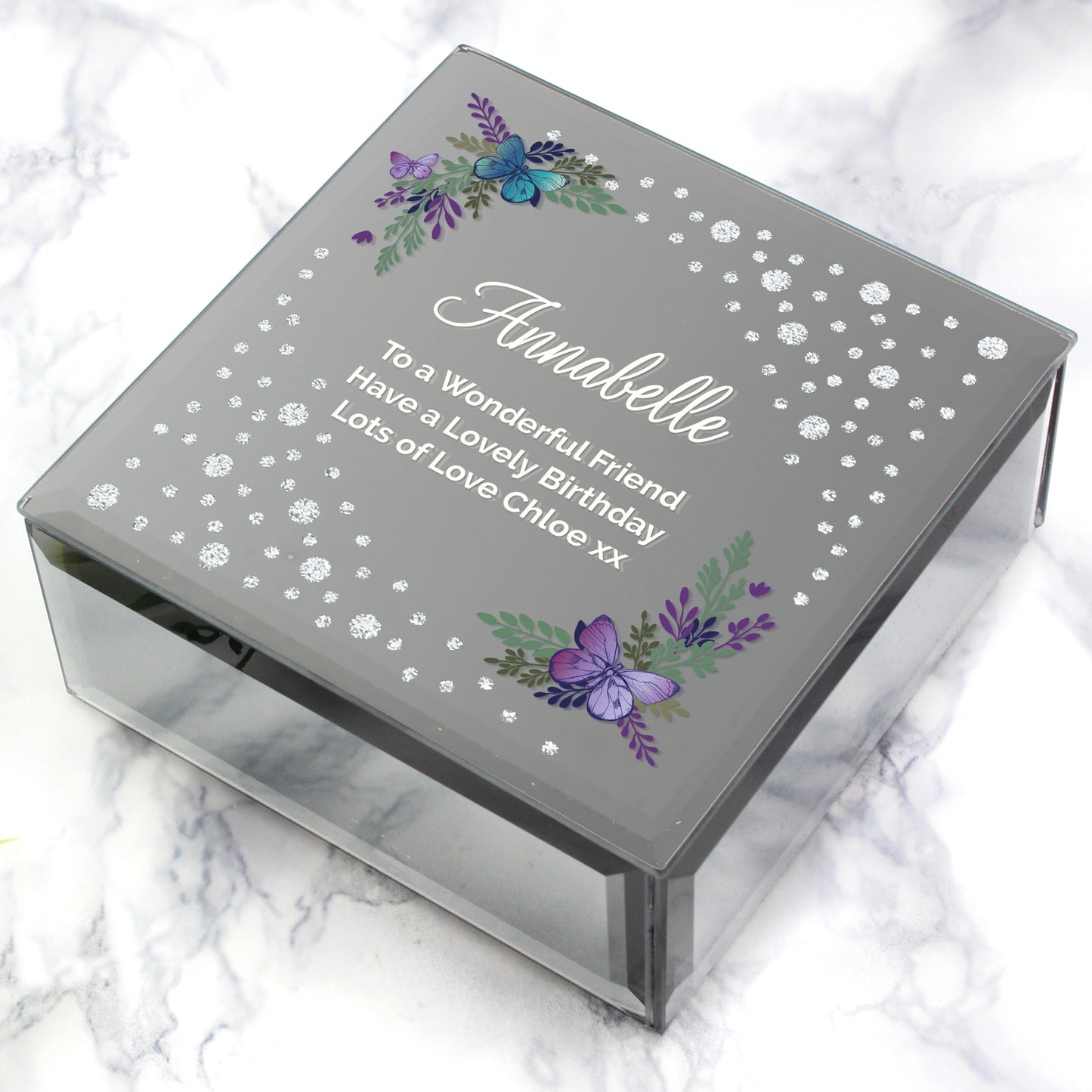 Personalised Floral Butterfly Diamante Glass Trinket Box - MK&JD Gifts