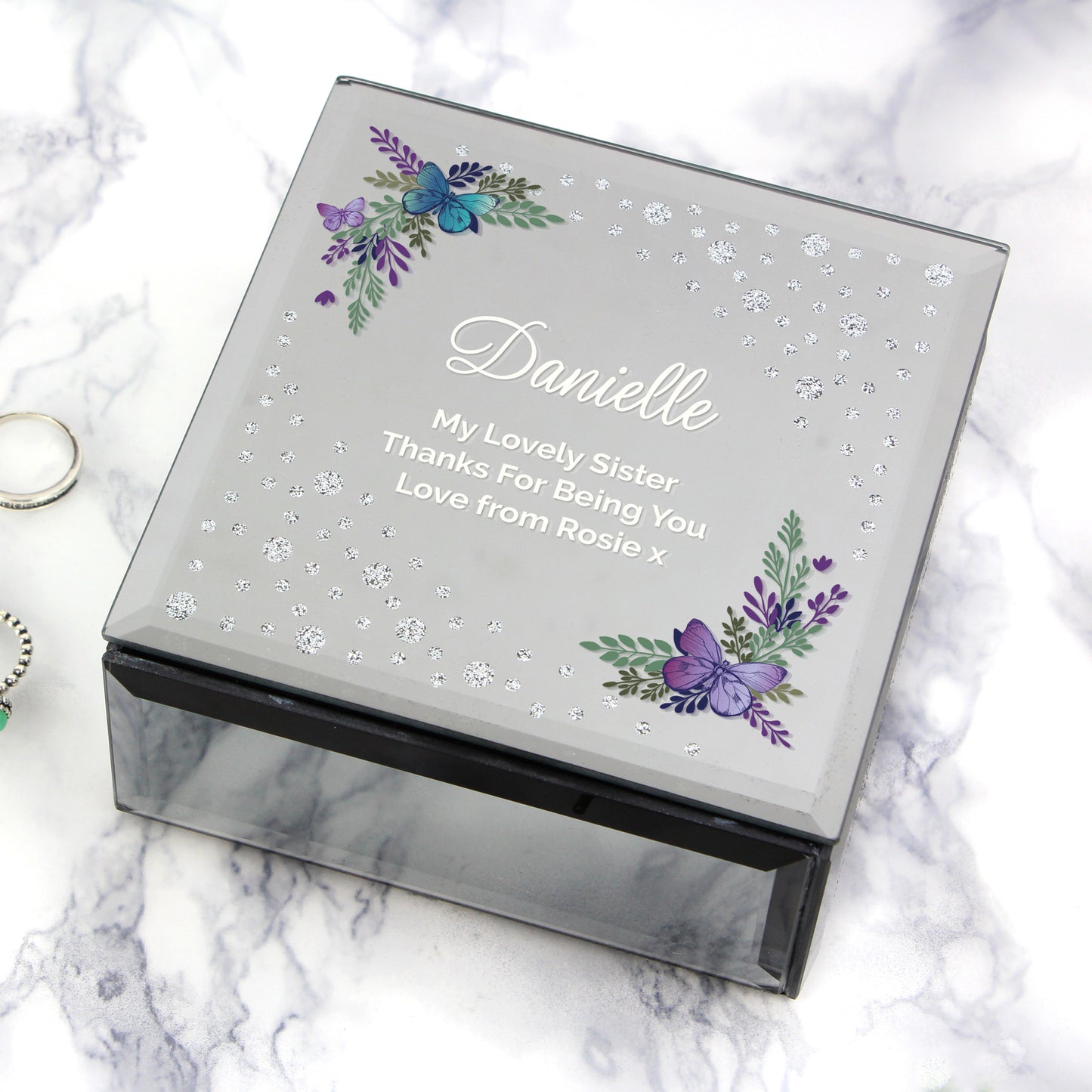Personalised Floral Butterfly Diamante Glass Trinket Box - MK&JD Gifts