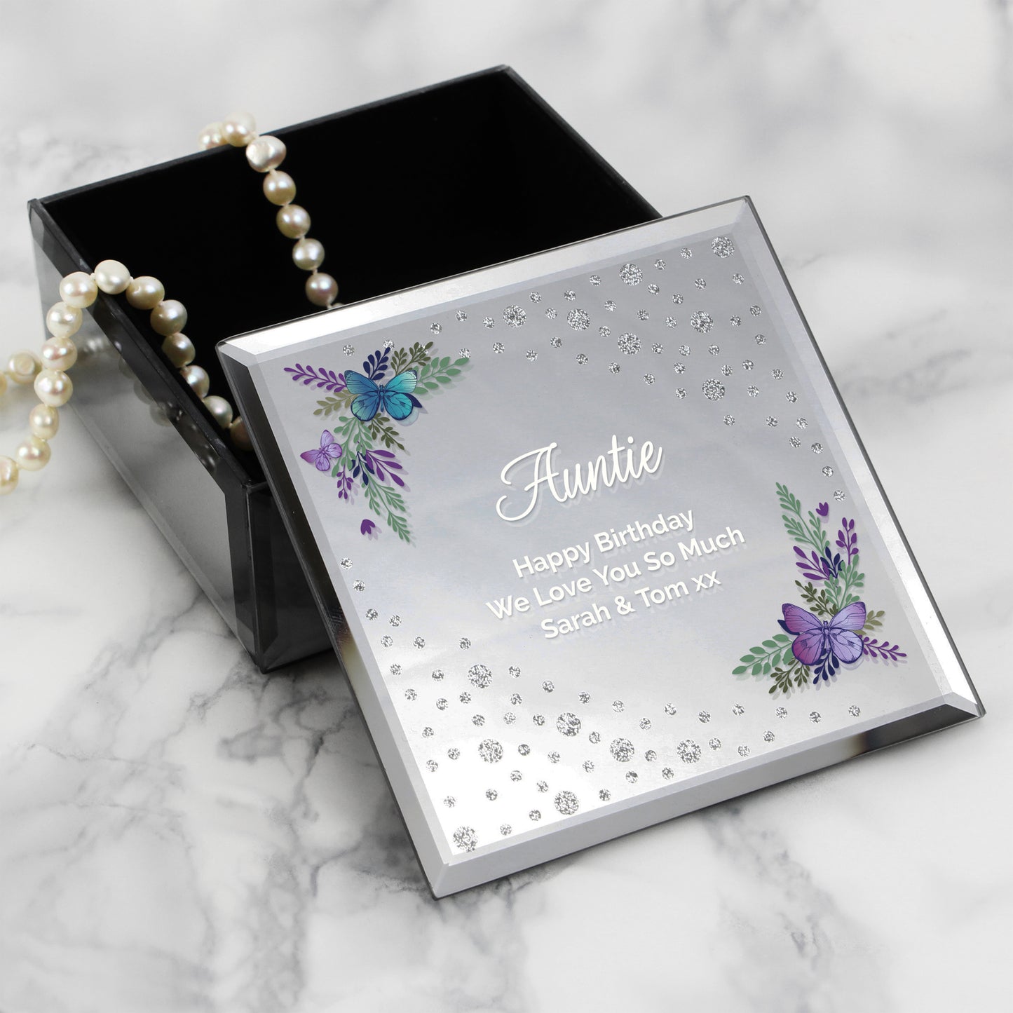 Personalised Floral Butterfly Diamante Glass Trinket Box - MK&JD Gifts
