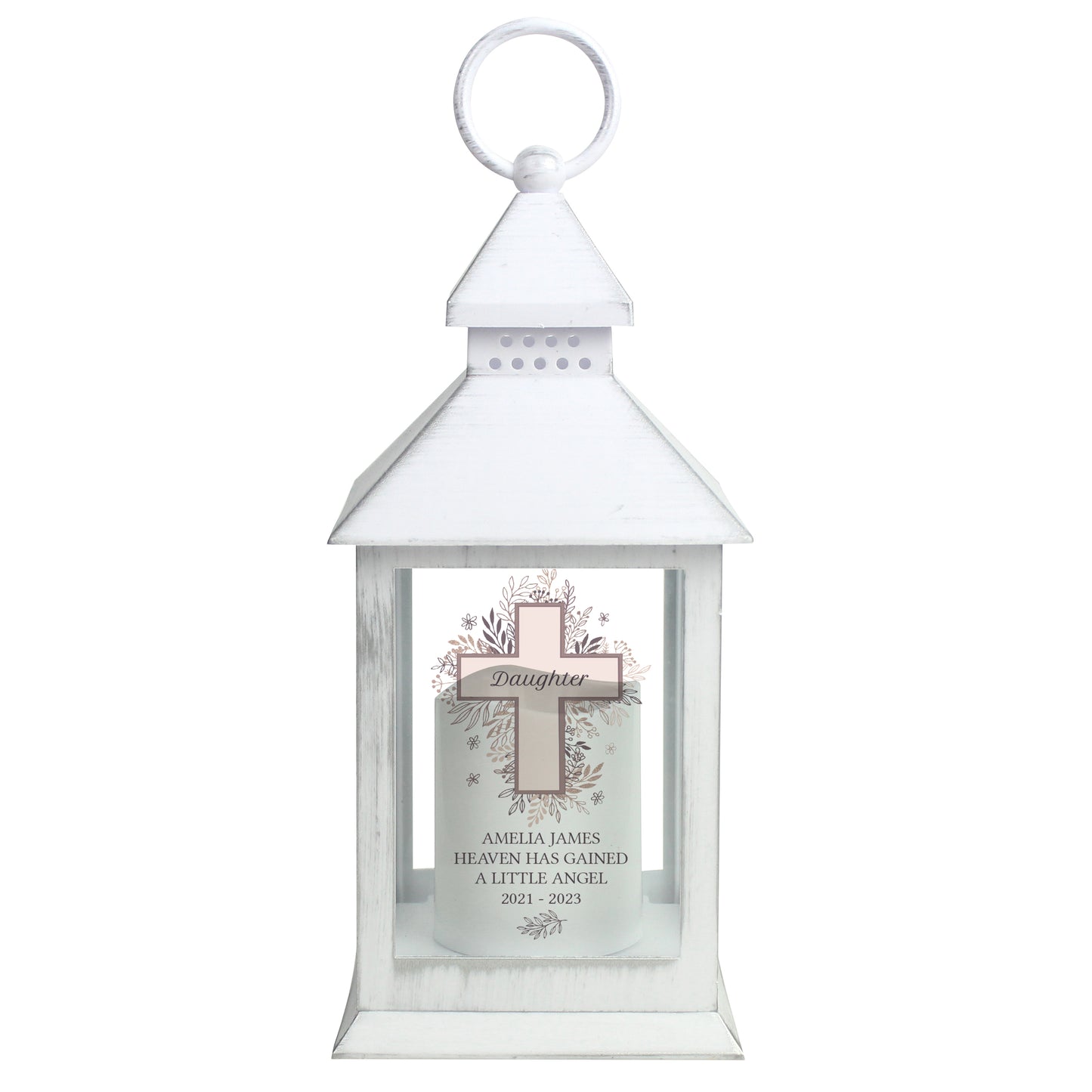 Personalised Floral Cross White Lantern - MK&JD Gifts