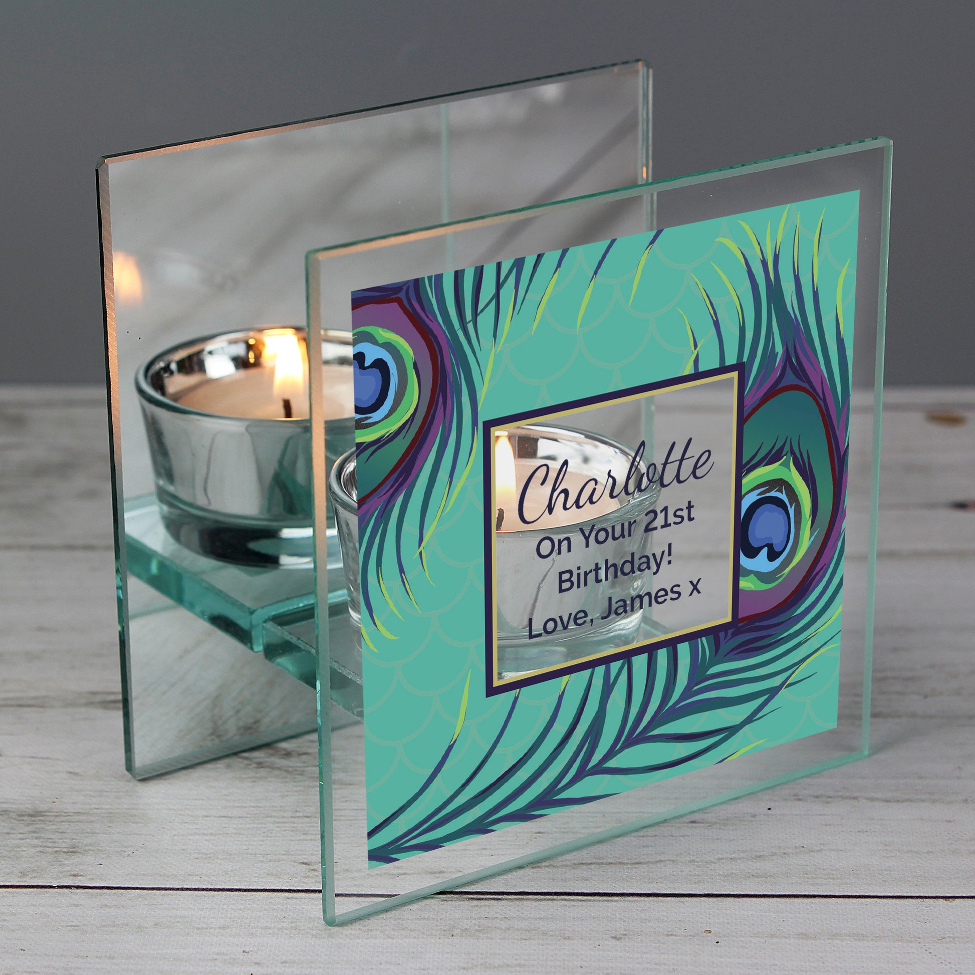 Personalised Peacock Mirrored Glass Tea Light Candle Holder - MK&JD Gifts