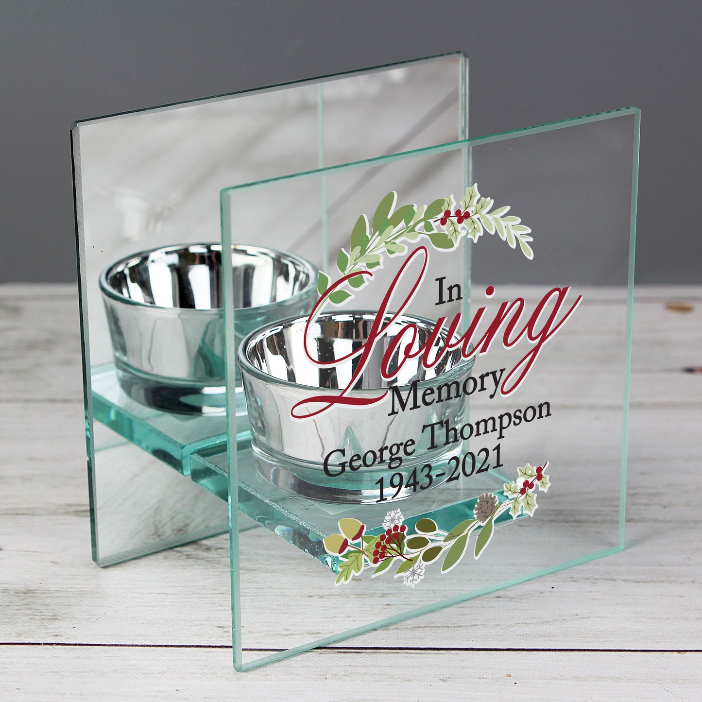 Personalised In Loving Memory Christmas Mirrored Glass Tea Light Candle Holder - MK&JD Gifts