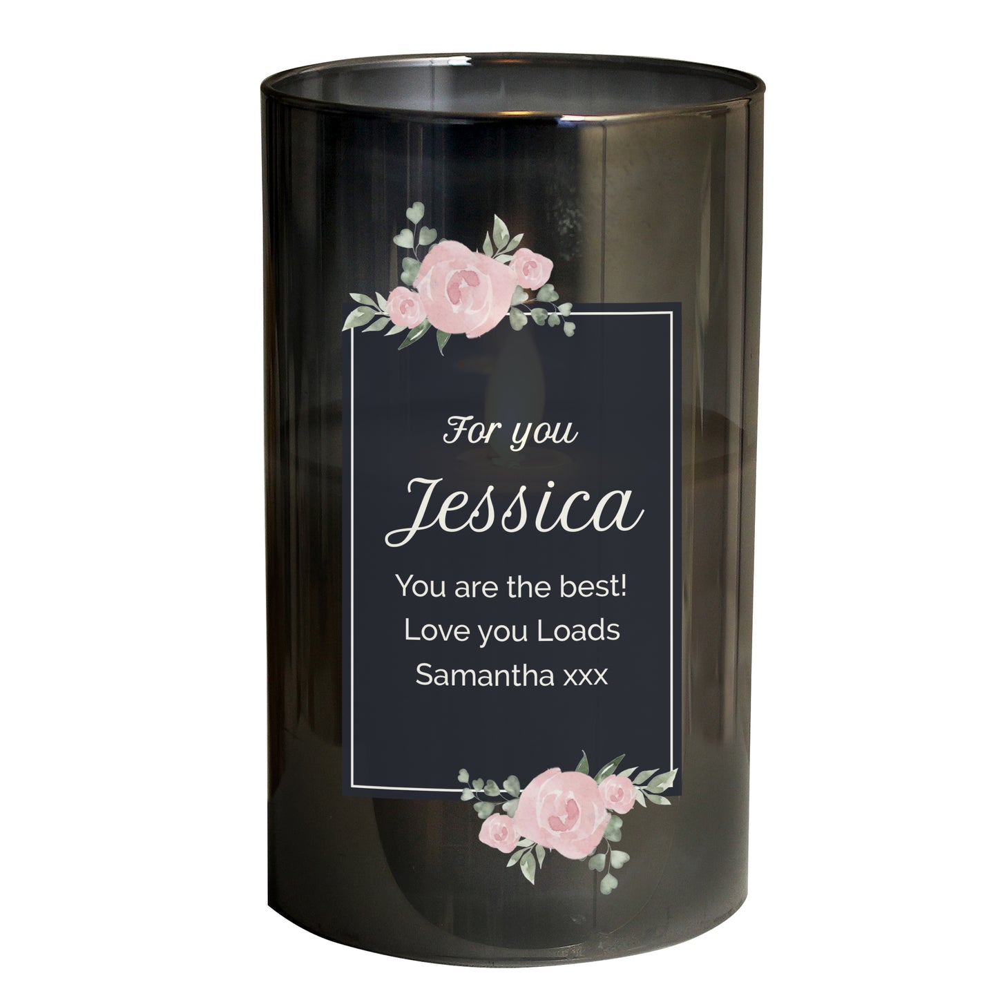 Personalised Floral Smoked Glass LED Candle - MK&JD Gifts