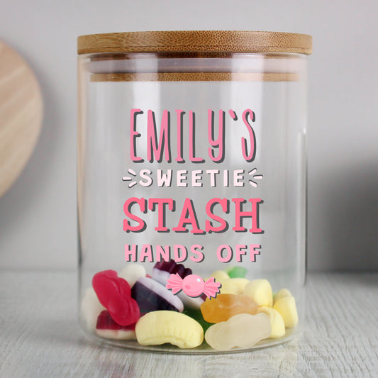 Personalised Sweetie Stash Glass Jar with Bamboo Lid - MK&JD Gifts
