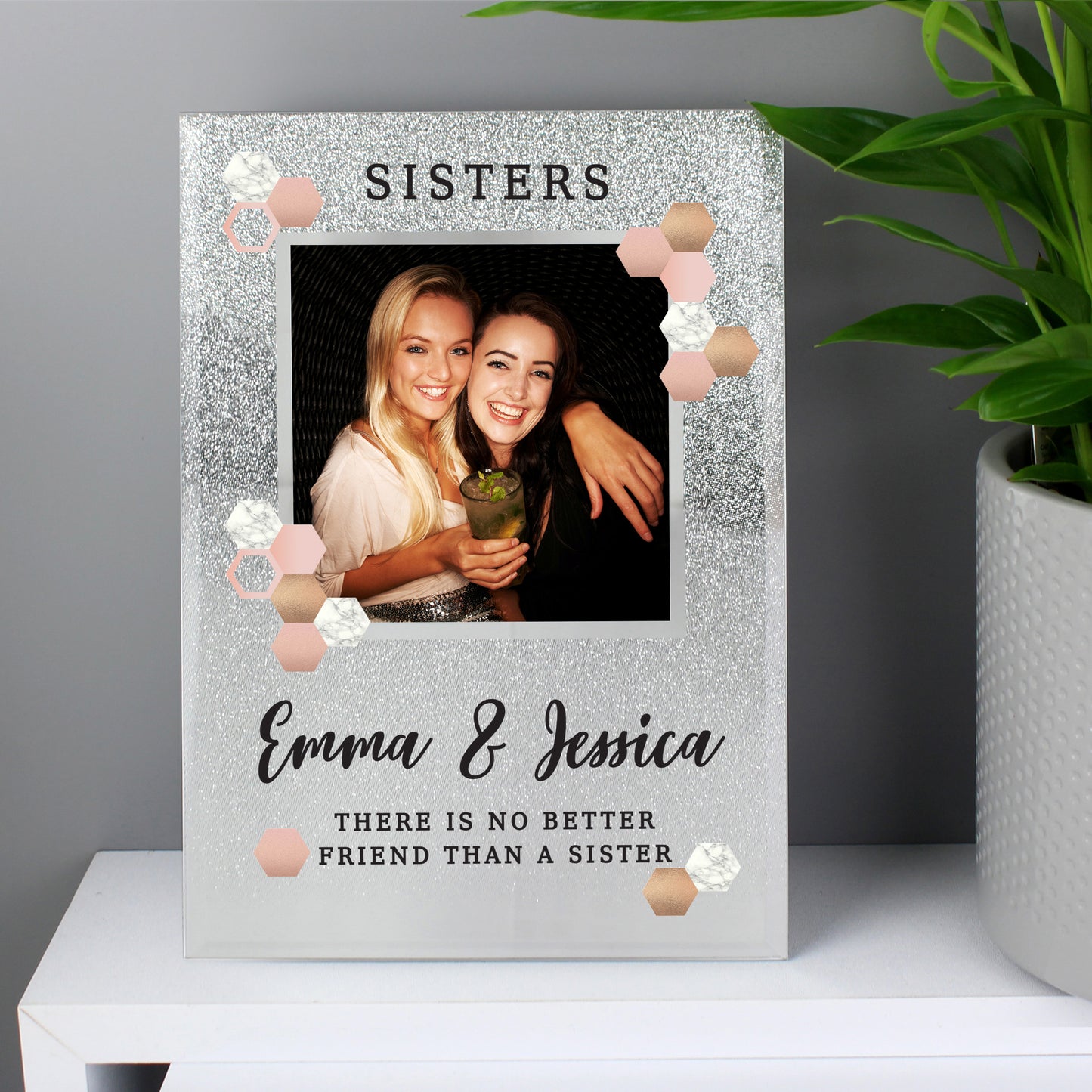 Personalised Cute Hexagon Design 4x4 Glitter Glass Photo Frame - MK&JD Gifts