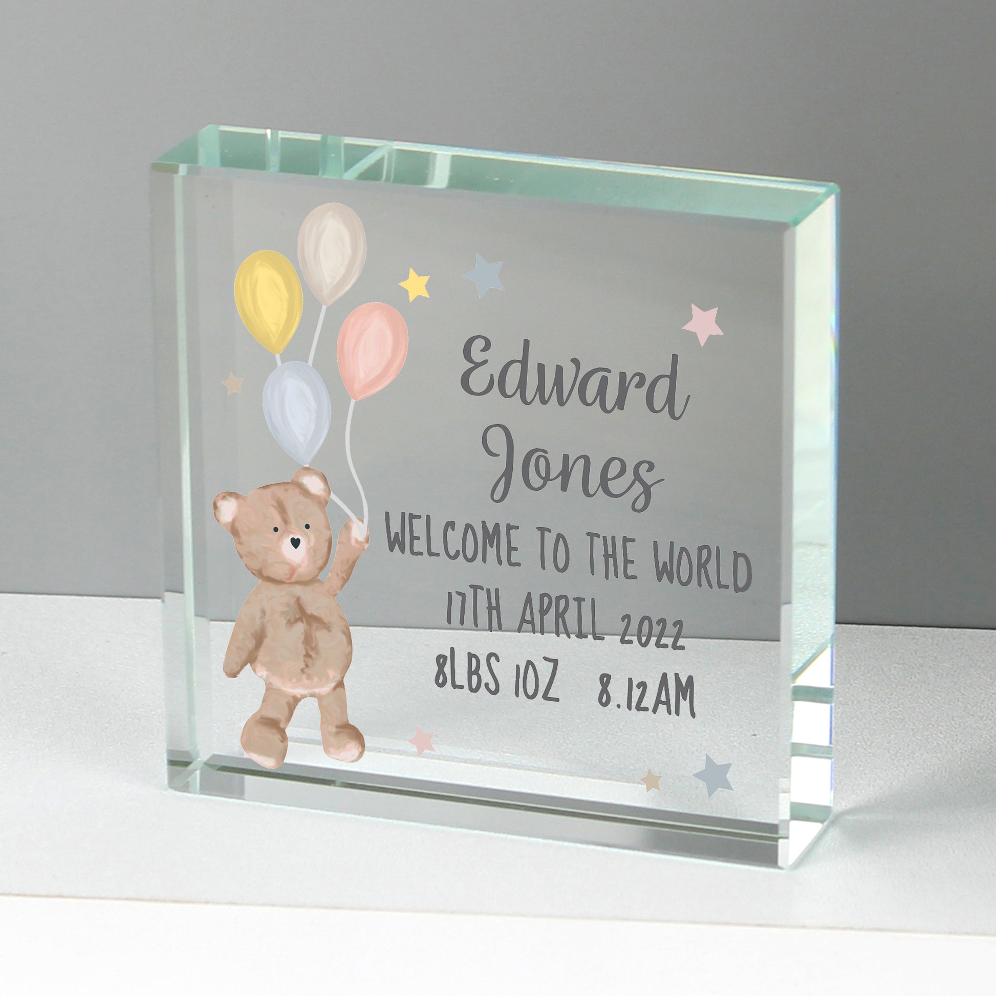 Personalised Teddy & Balloons Crystal Token - MK&JD Gifts