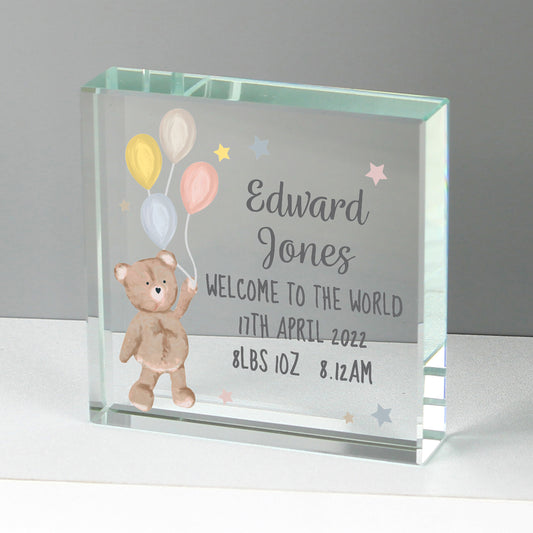 Personalised Teddy & Balloons Crystal Token - MK&JD Gifts