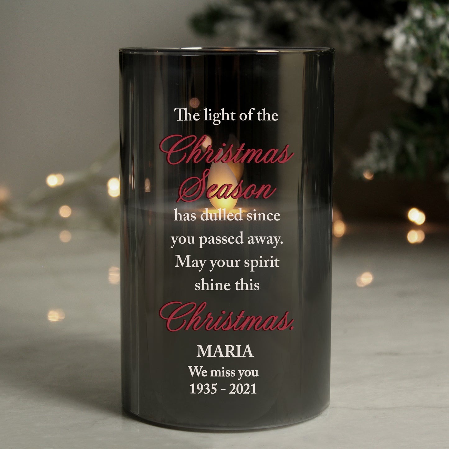 Personalised Christmas Season Memorial Smoked LED Candle - MK&JD Gifts