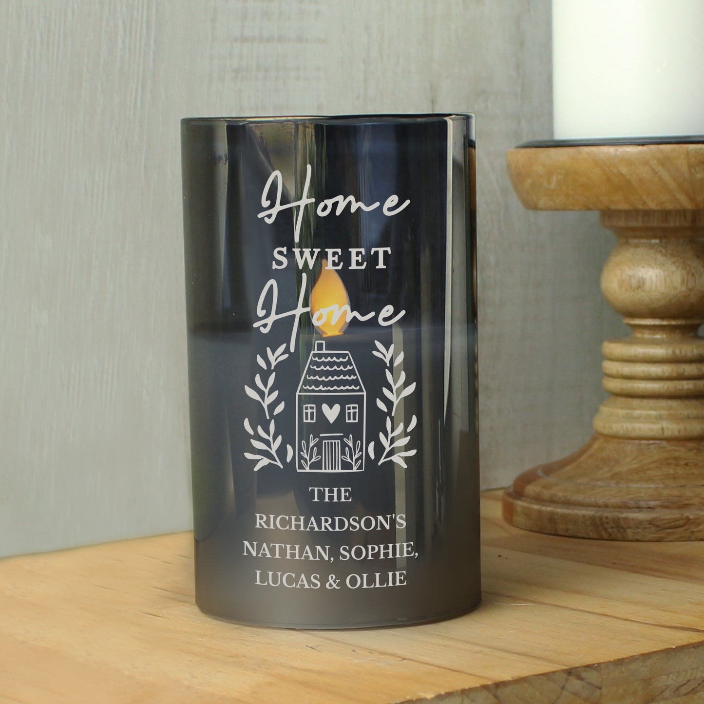 Personalised HOME Smoked Glass LED Candle - MK&JD Gifts