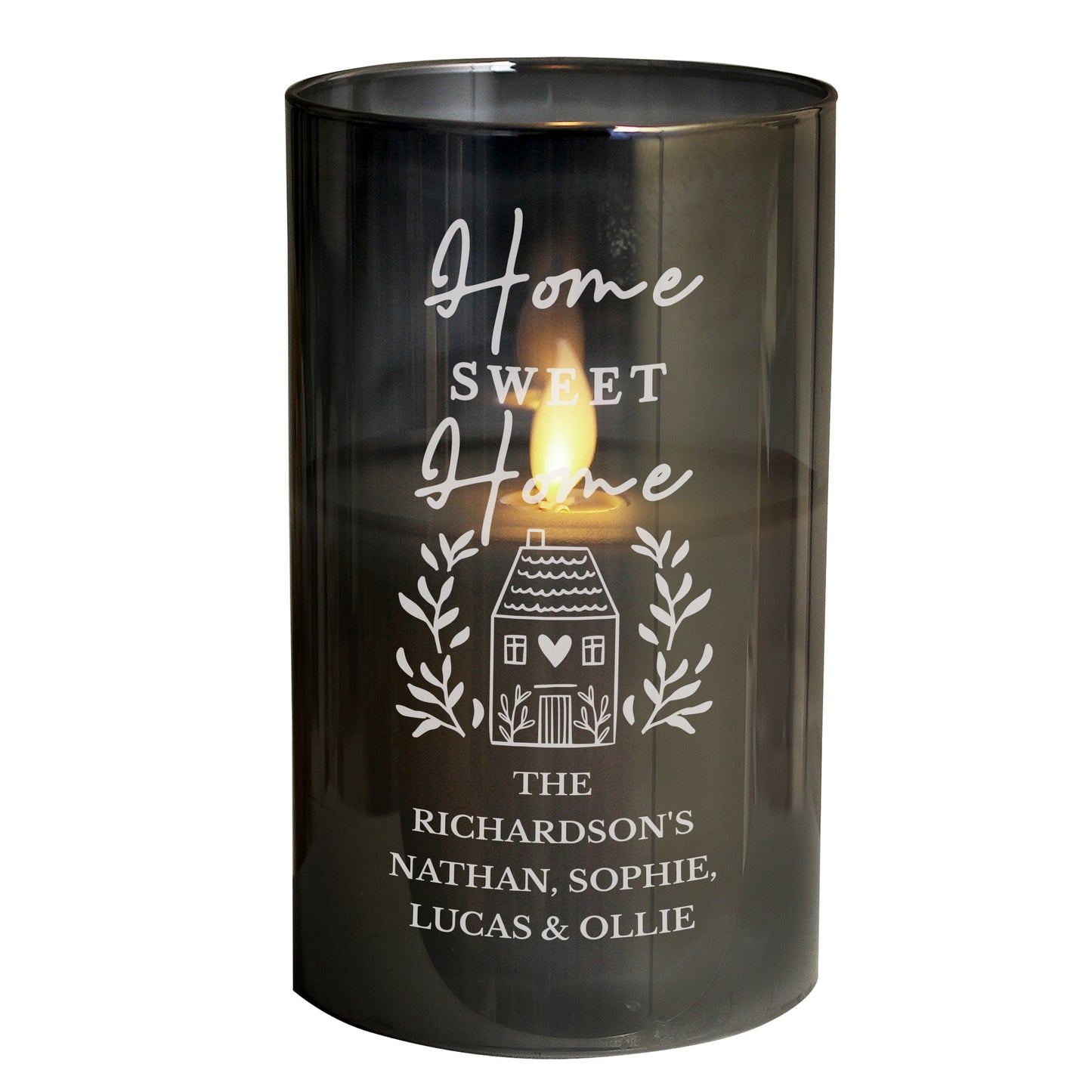 Personalised HOME Smoked Glass LED Candle - MK&JD Gifts