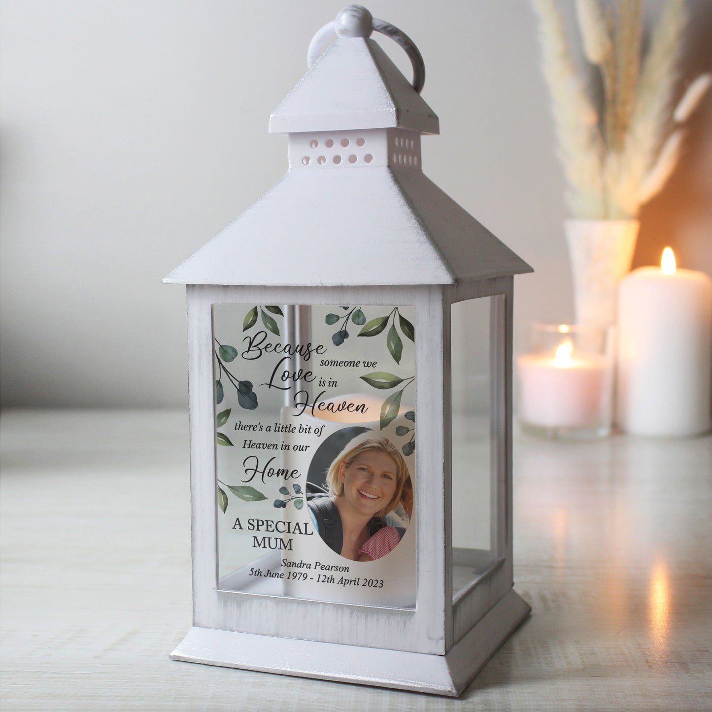 Personalised Botanical Memorial Photo Upload White Lantern - MK&JD Gifts