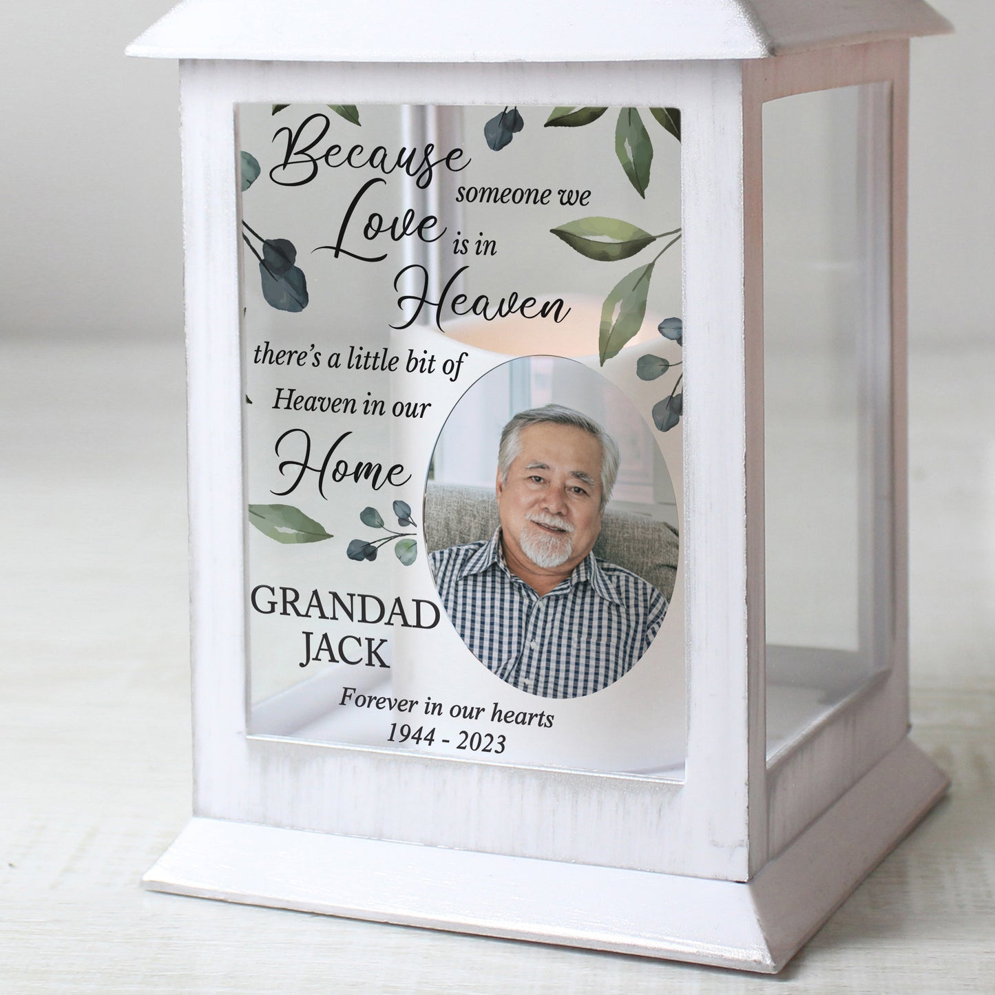 Personalised Botanical Memorial Photo Upload White Lantern - MK&JD Gifts
