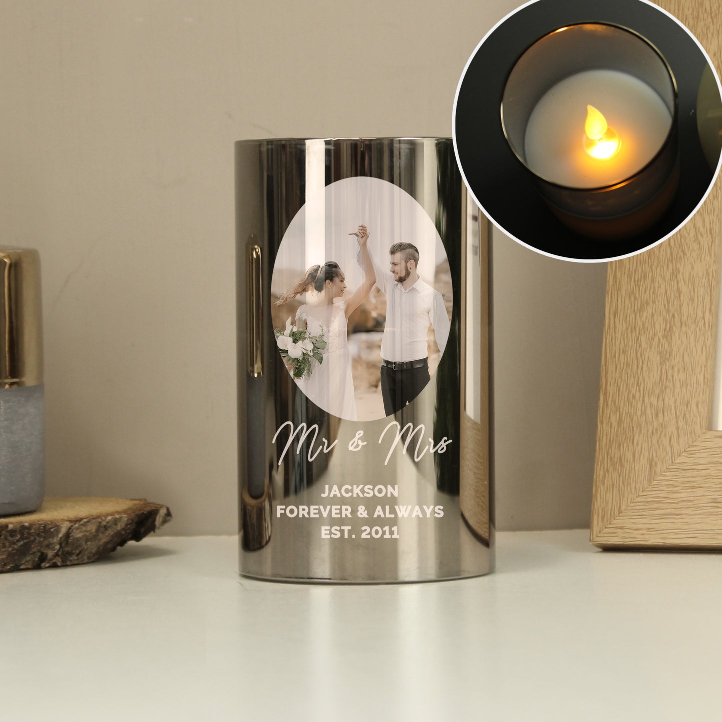 Personalised Photo Upload Smoked Glass LED Candle - MK&JD Gifts