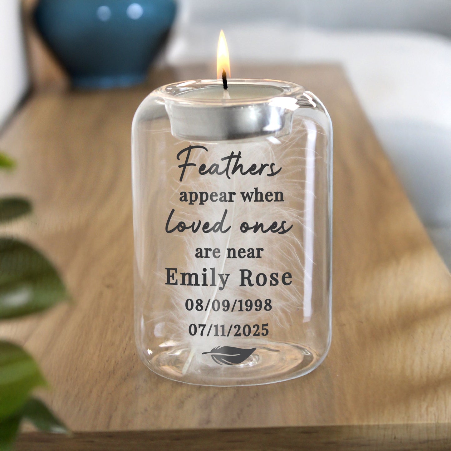 Personalised Loved Ones Memorial Feather Tealight Holder - MK&JD Gifts