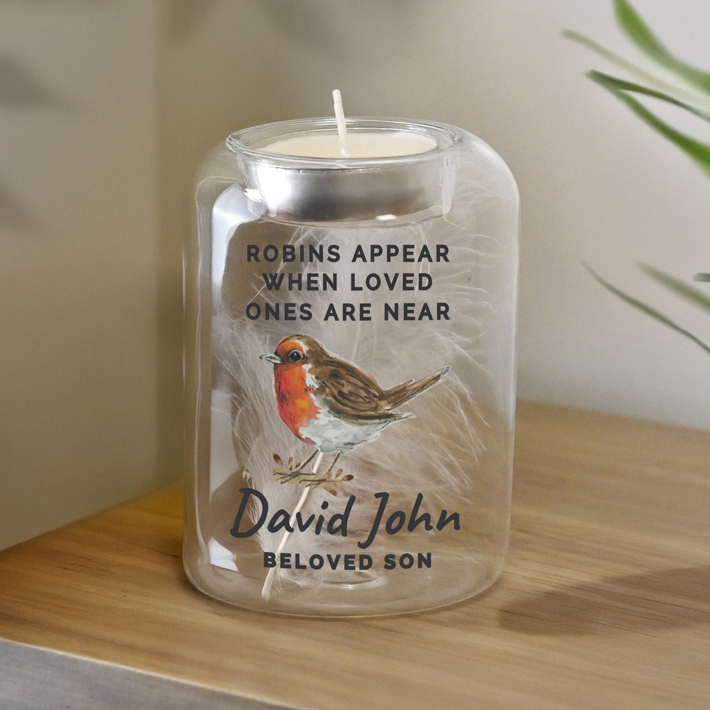 Personalised Robin Memorial Feather Tealight Holder - MK&JD Gifts