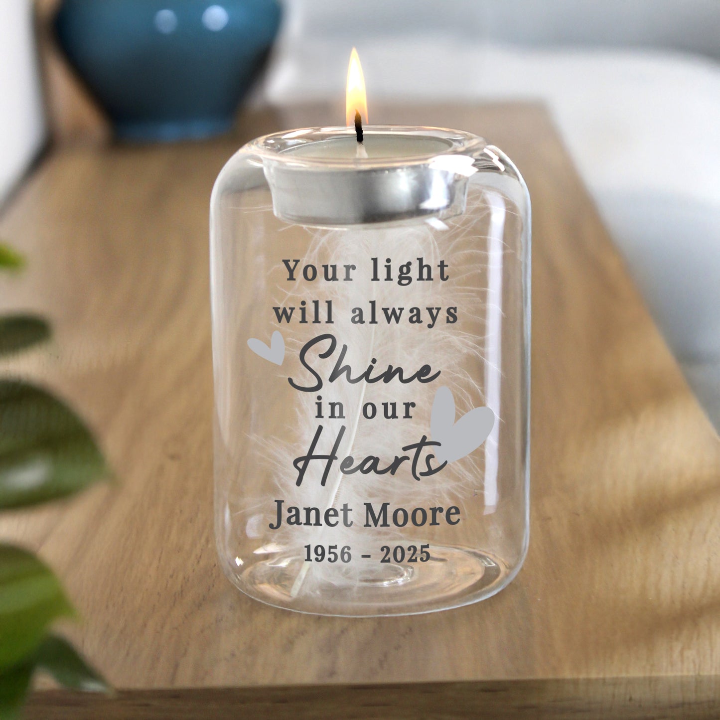 Personalised In Our Hearts Memorial Feather Tealight Holder - MK&JD Gifts