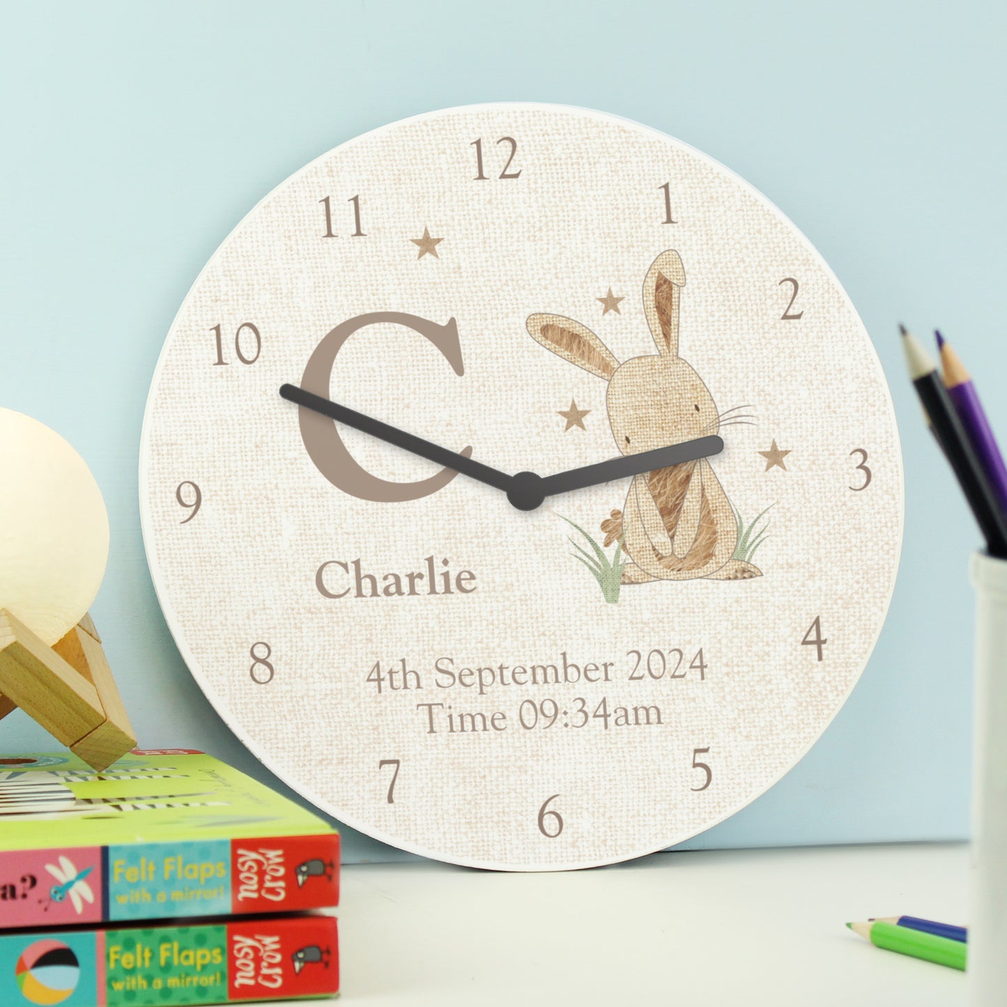 Personalised Hessian Rabbit Shabby Chic Large Wooden Clock - MK&JD Gifts