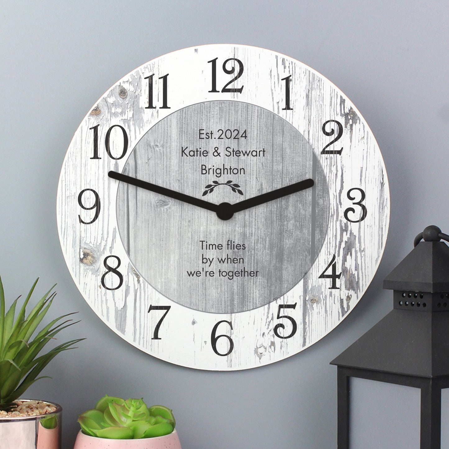Personalised Any Message Shabby Chic Large Wooden Clock - MK&JD Gifts
