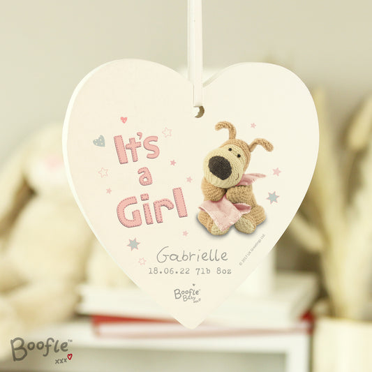 Personalised Boofle It's a Girl Wooden Heart Decoration - MK&JD Gifts