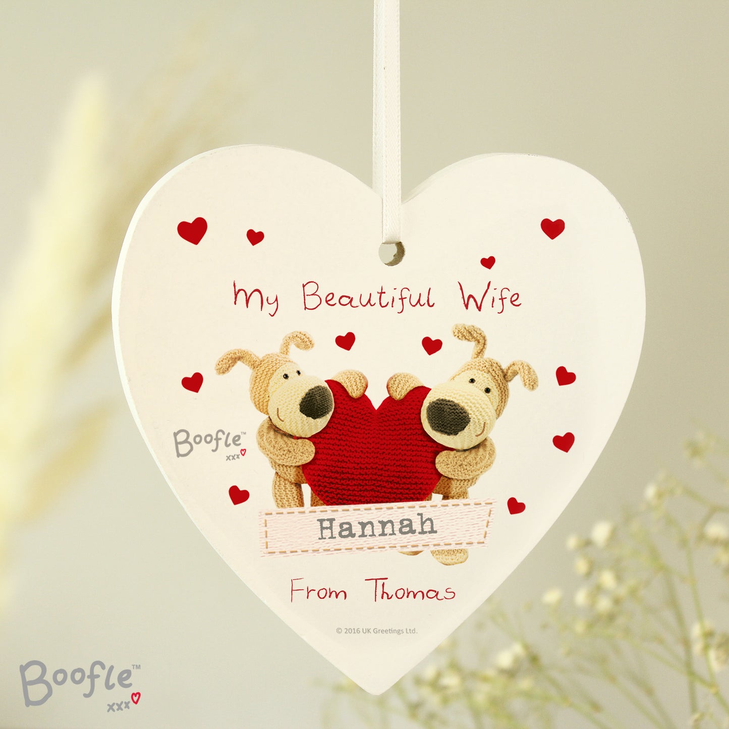 Personalised Boofle Shared Heart Wooden Heart Decoration - MK&JD Gifts