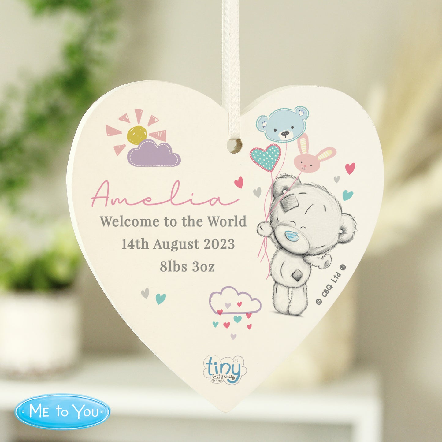 Personalised Tiny Tatty Teddy Pink Wooden Heart Decoration - MK&JD Gifts