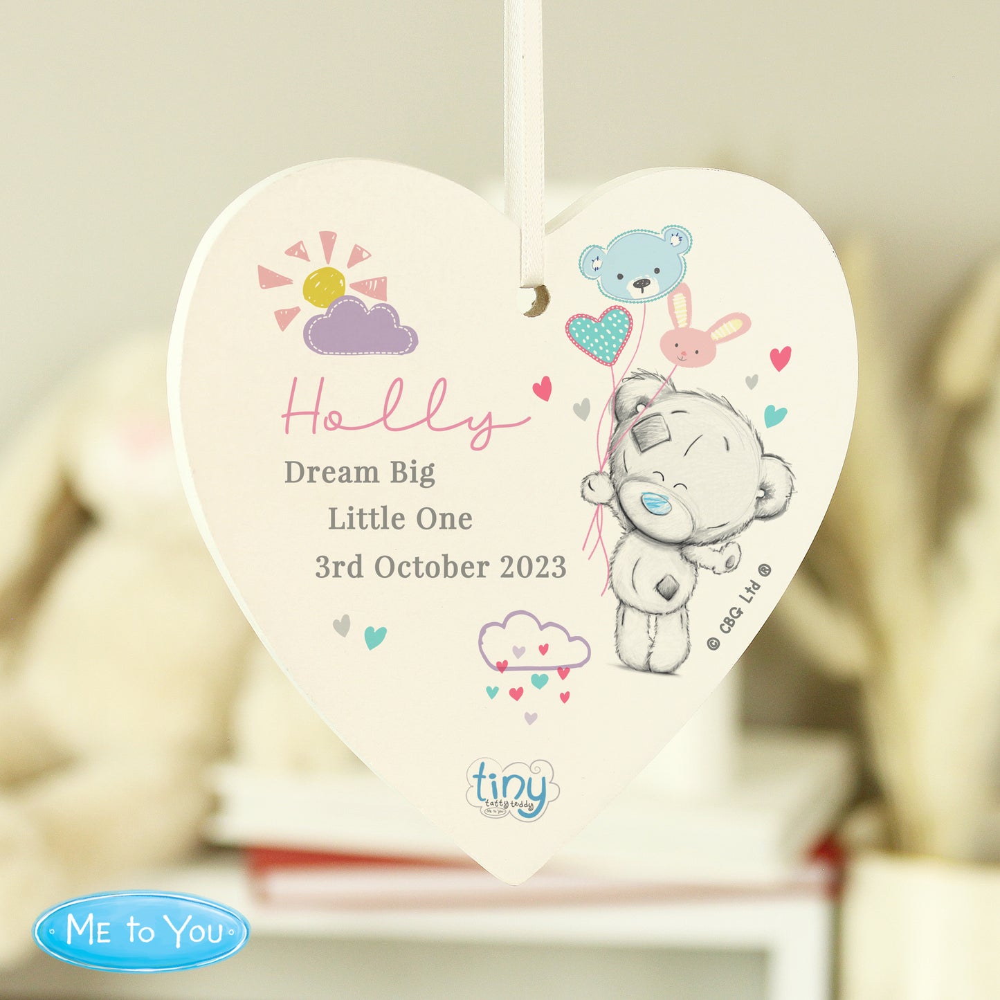 Personalised Tiny Tatty Teddy Pink Wooden Heart Decoration - MK&JD Gifts
