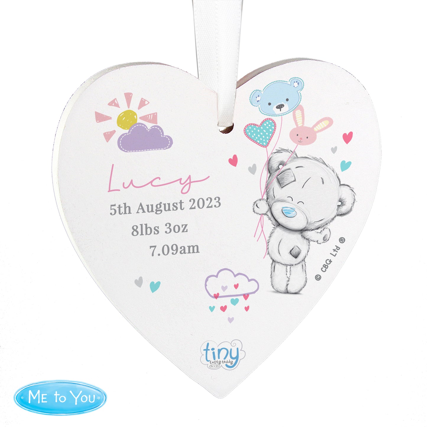 Personalised Tiny Tatty Teddy Pink Wooden Heart Decoration - MK&JD Gifts