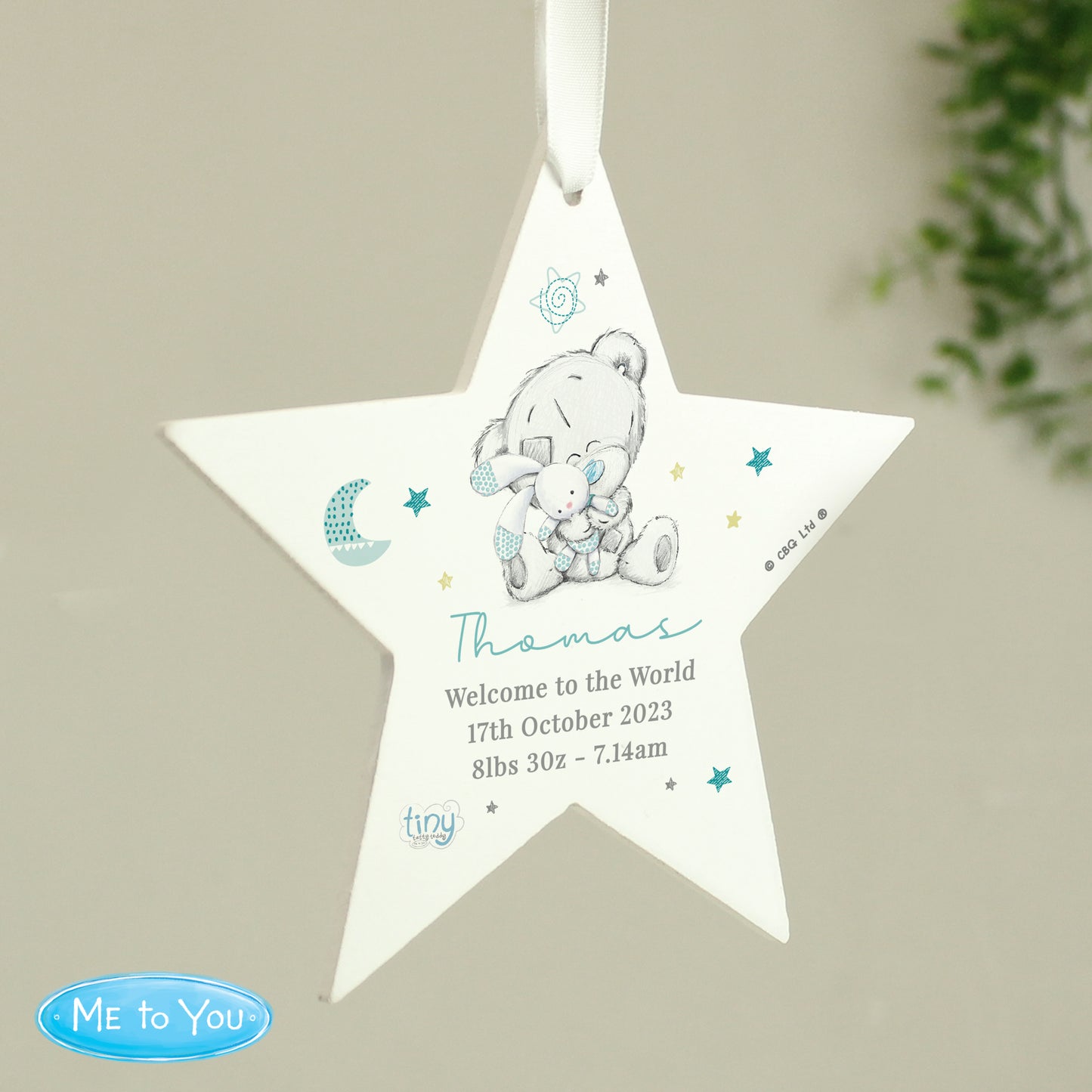 Personalised Tiny Tatty Teddy Blue Wooden Star Decoration - MK&JD Gifts