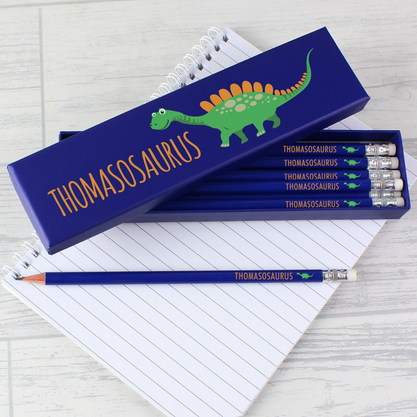 Personalised Dinosaur Box of 12 Blue HB Pencils - MK&JD Gifts