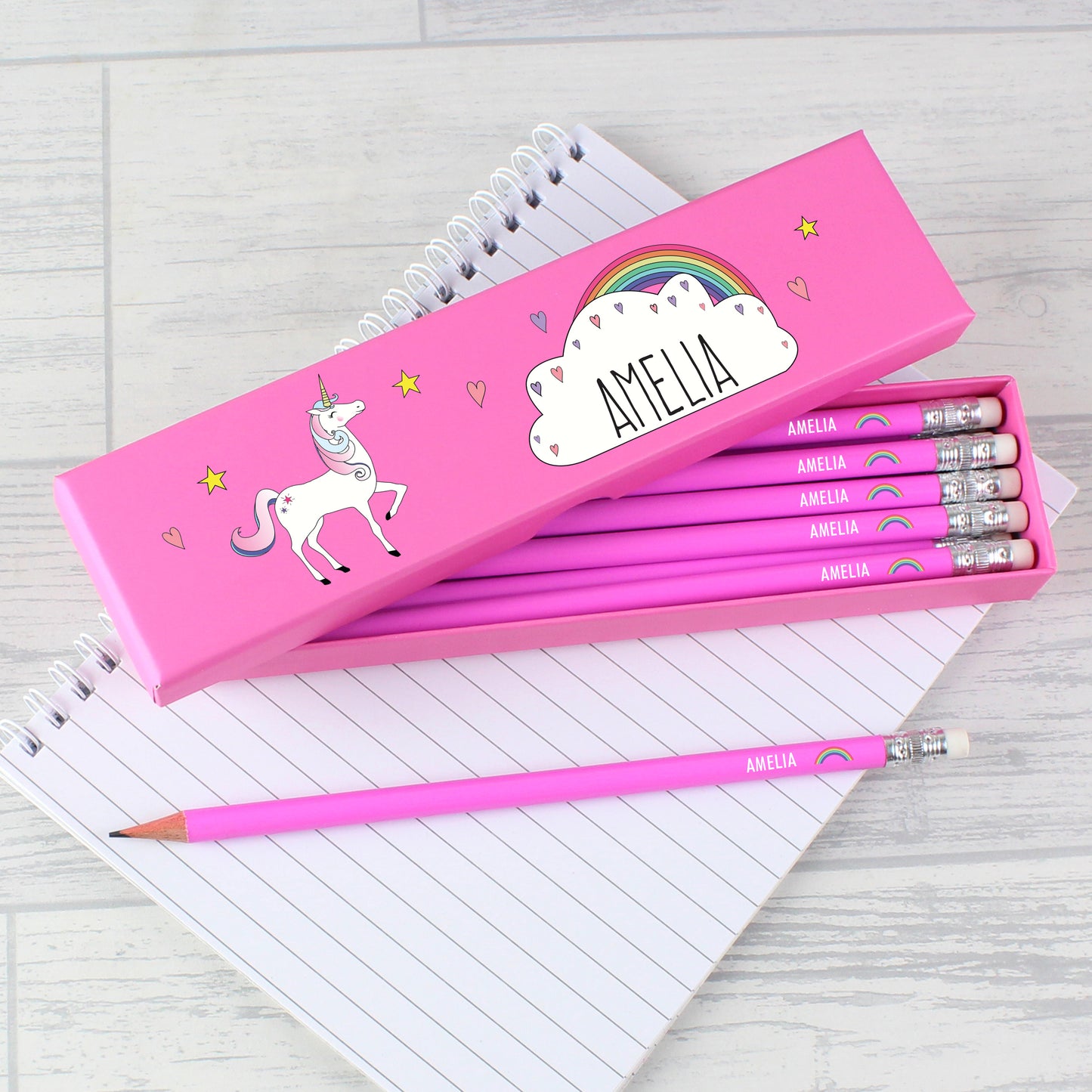 Personalised Unicorn Box of 12 Pink HB Pencils - MK&JD Gifts