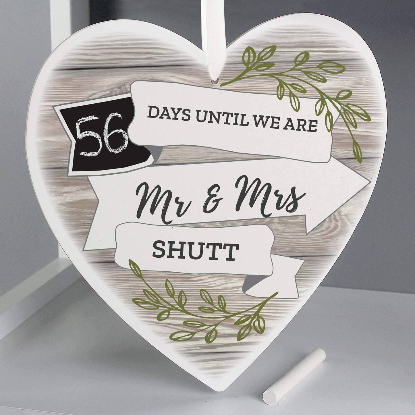 Personalised White Arrow Banner Chalk Countdown Wooden Heart Decoration - MK&JD Gifts