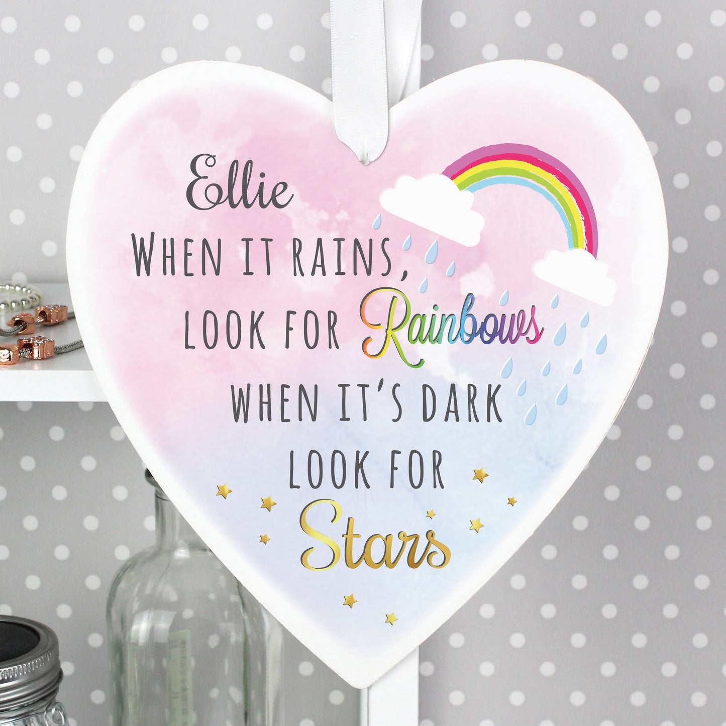 Personalised Rainbows and Stars Large Wooden Heart Decoration - MK&JD Gifts