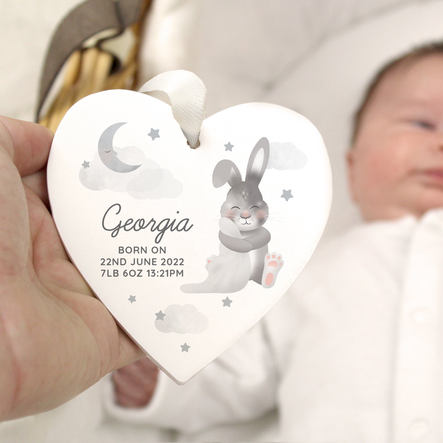 Personalised Baby Bunny Wooden Heart Decoration - MK&JD Gifts
