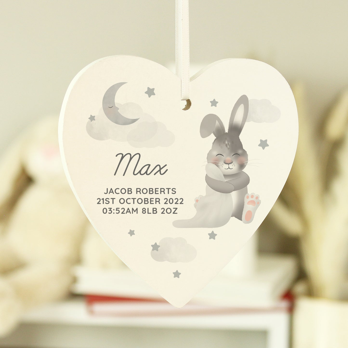 Personalised Baby Bunny Wooden Heart Decoration - MK&JD Gifts