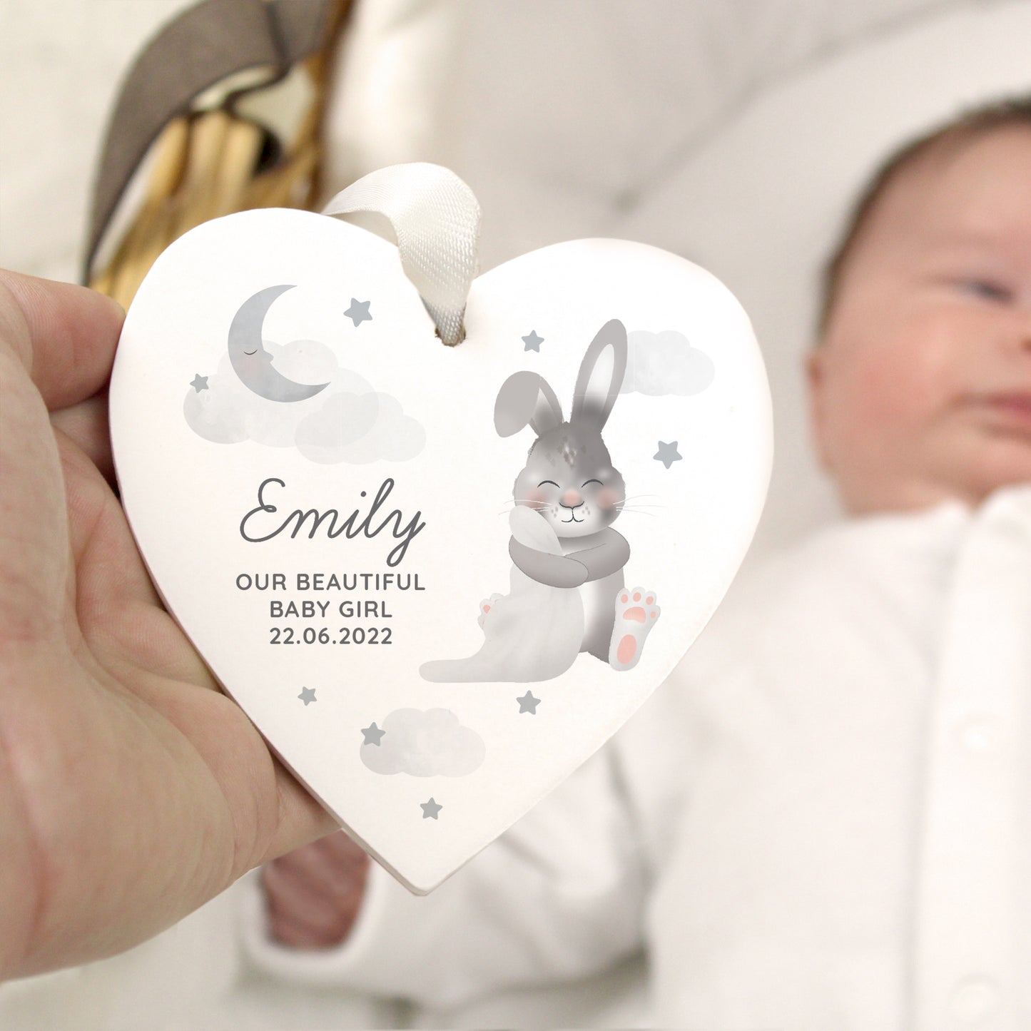 Personalised Baby Bunny Wooden Heart Decoration - MK&JD Gifts