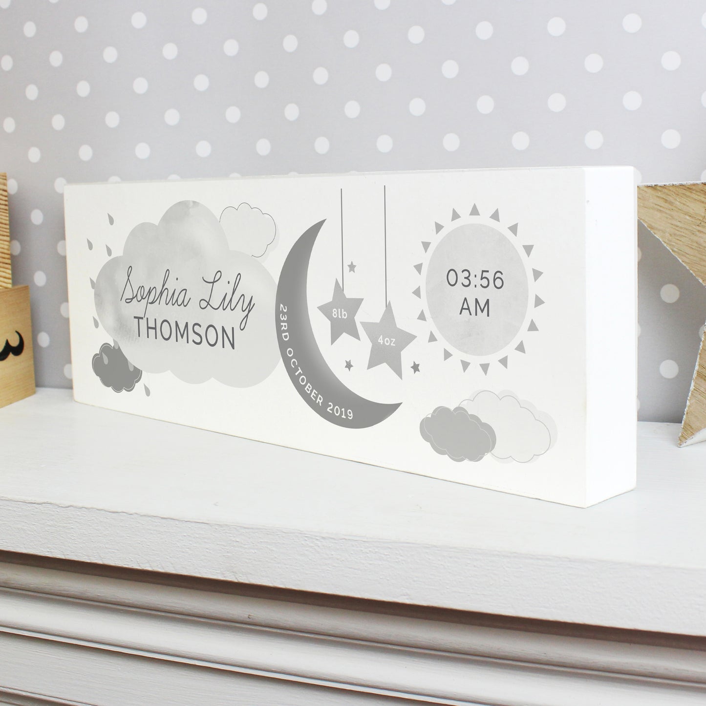 Personalised New Baby Moon & Stars Wooden Mantel Decoration - MK&JD Gifts